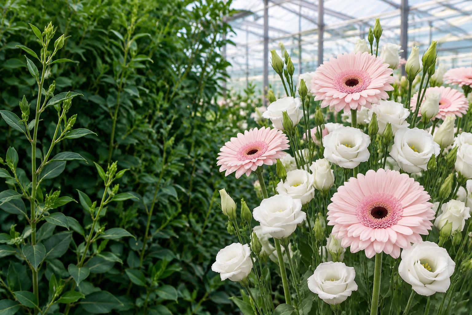 Flowers in a bright greenhouse
